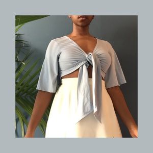 Dusty Baby Blue Angel Winged Sleeve Self Tie Top